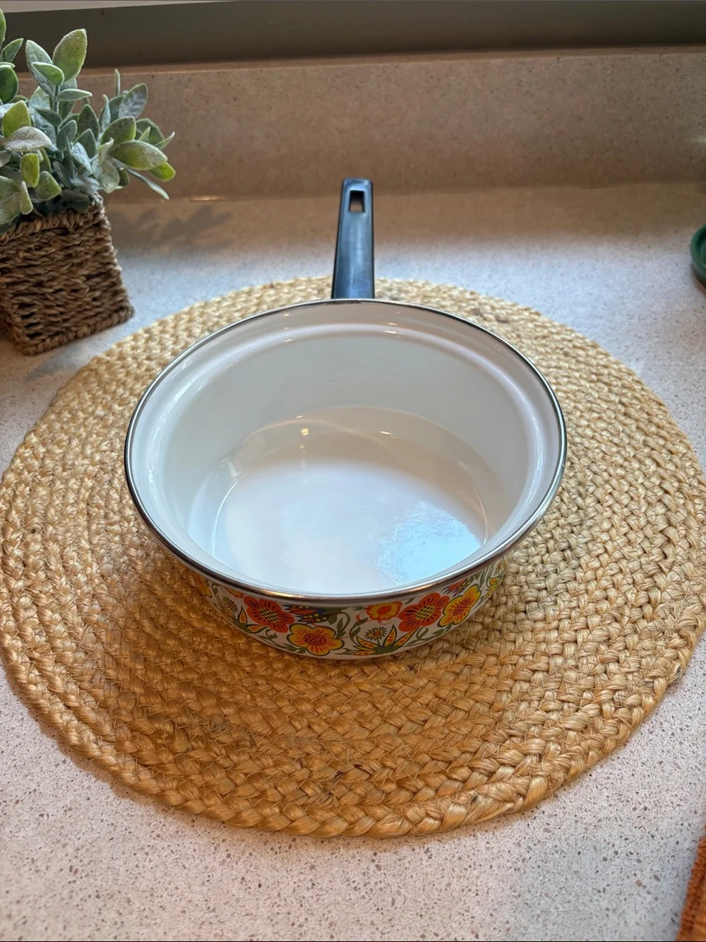 Vintage 1970s Enamelware Saucepan/Pot Flower Power